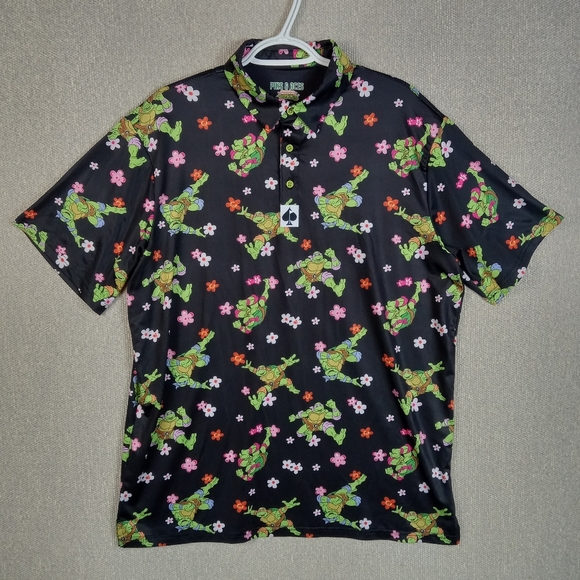 Pins & Aces Golf Polo Shirt Mens Size XL Black Graphic TMNT Turtle Flower Power - Picture 1 of 7